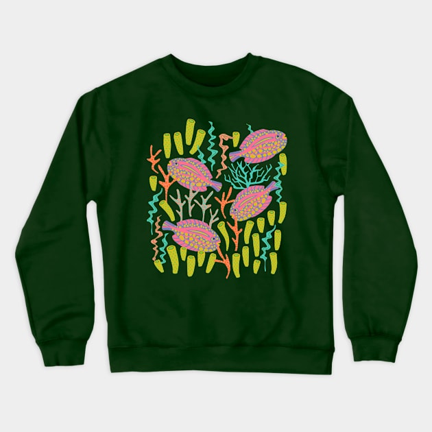 TROPICAL ZONE Coral Reef Fish Undersea Ocean Sea Creatures in Pink Purple Yellow Orange on Green - UnBlink Studio by Jackie Tahara Crewneck Sweatshirt by UnBlink Studio by Jackie Tahara